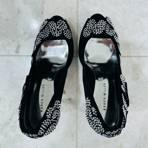 KAREN MILLEN {6} Black Silver Beaded Pumps Peep Toe Stiletto - Picture 10 of 16